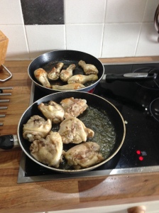 Chicken portions are browned in a mixture of 50% sunflower oil and 50% butter (about 25g of each)